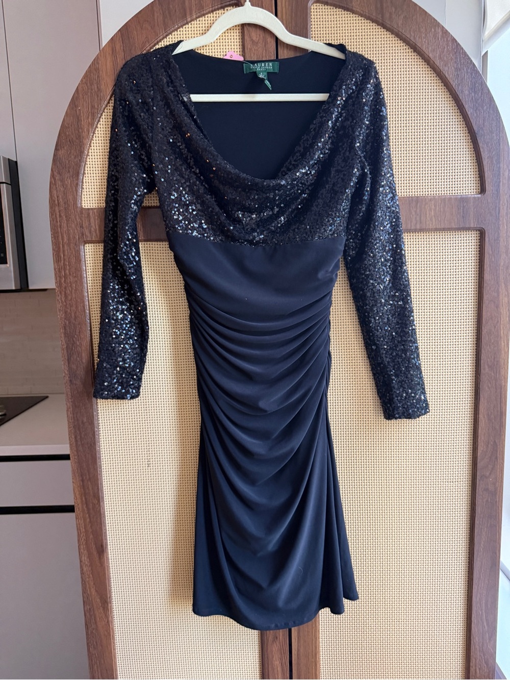 Lauren Ralph Lauren Black Sequin Drape Neck Sheath Dress - size 6!